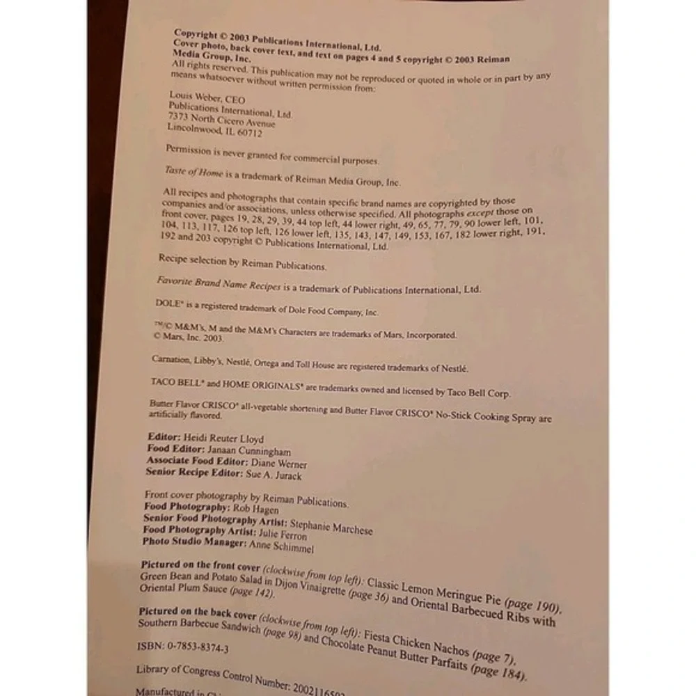 Favorite Brand Name Recipes 2003 - Hardcover By Taste Of Home‎ - GOOD